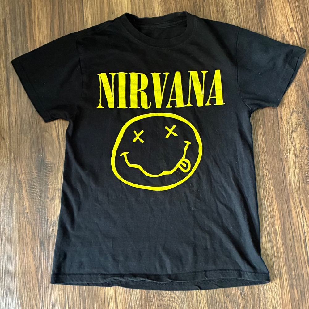 Nirvana Graphic Tee Unisex XS Black Smiley Face Band T-Shirt